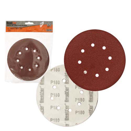 DISCO DE LIXA BASE AUTO-ADESIVA 180MM 8 FUROS GRAO 180 - PACOTE COM 10 - BESTFER