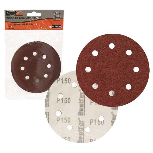 DISCO DE LIXA BASE AUTO-ADESIVA 125MM 8 FUROS GRAO 150 - PACOTE COM 10 - BESTFER
