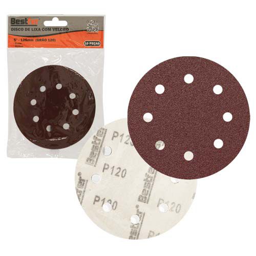 DISCO DE LIXA BASE AUTO-ADESIVA 125MM 8 FUROS GRAO 120 - PACOTE COM 10 - BESTFER