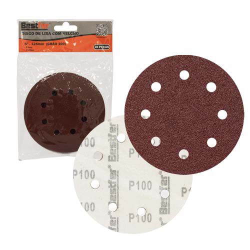 DISCO DE LIXA BASE AUTO-ADESIVA 125MM 8 FUROS GRAO 100 - PACOTE COM 10 - BESTFER