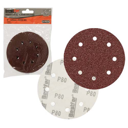DISCO DE LIXA BASE AUTO-ADESIVA 125MM 8 FUROS GRAO 80 - PACOTE COM 10 - BESTFER