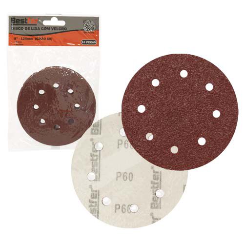 DISCO DE LIXA BASE AUTO-ADESIVA 125MM 8 FUROS GRAO 60 - PACOTE COM 10 - BESTFER