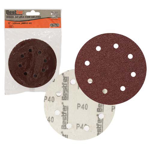 DISCO DE LIXA BASE AUTO-ADESIVA 125MM 8 FUROS GRAO 40 - PACOTE COM 10 - BESTFER