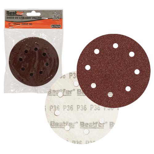 DISCO DE LIXA BASE AUTO-ADESIVA 125MM 8 FUROS GRAO 36 - PACOTE COM 10 - BESTFER