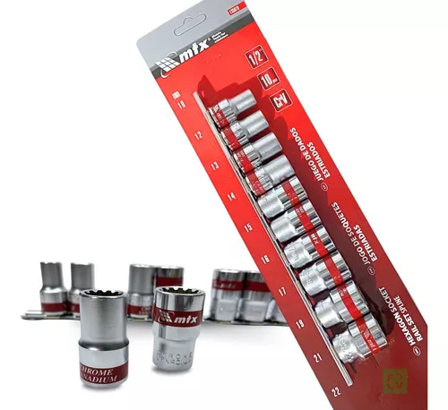 JOGO DE SOQUETE SEXTAVADO ENCAIXE 1/2POL CROMO VANADIO 10-22MM, 10PCS - MTX