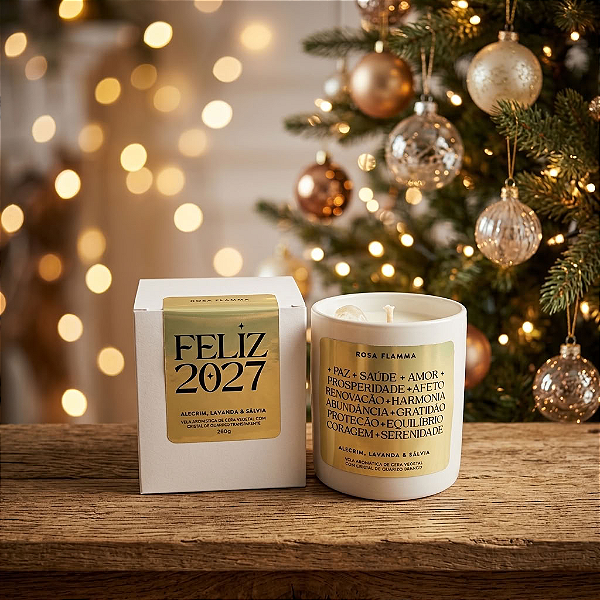 Vela Feliz 2027 | Alecrim, Lavanda, Sálvia com Cristal de Quartzo - Coleção de Natal