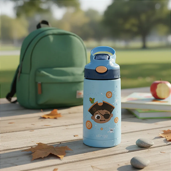 Garrafa Térmica Infantil Antivazamento Parede Dupla em Inox com Alça Azul