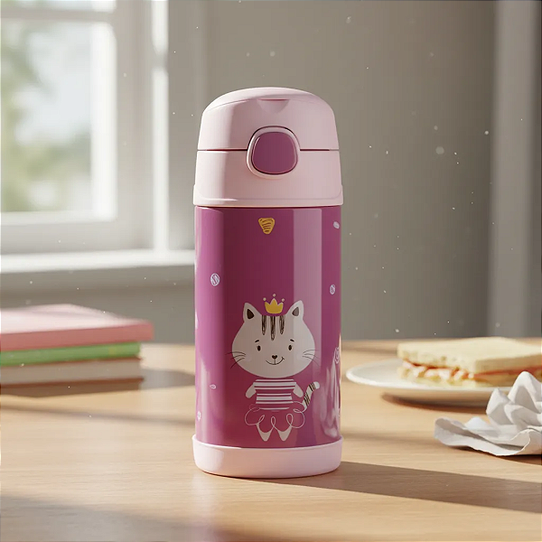 Garrafa Térmica Infantil Inox Com Canudo Antivazamento Rosa Milky