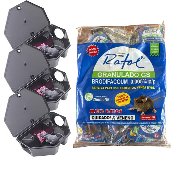 Kit Anti Ratos com 3 Armadilhas Ratox 3 + Isca Ratol 1kg