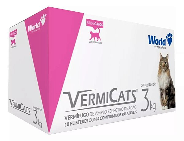 Vermífugo P/gatos 3kg Vermicats 600mg World 40 Comprimidos