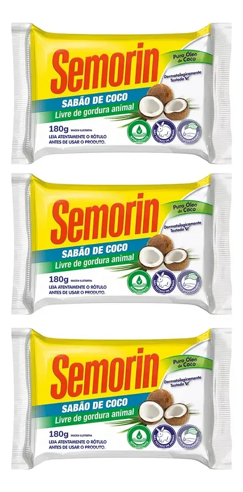 Semorin Sabão De Côco Sem Gordura Animal 180gr 3 Un