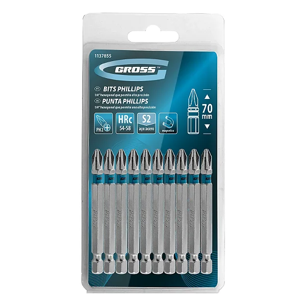 BITS PHILLIPS PH2, ACO CROMO MOLIBDENIO, 70MM, 10PCS // GROSS