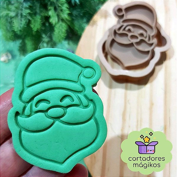Cortador e Carimbo de biscoitos rosto Papai Noel Natal - com puxador incluso e bordas finas