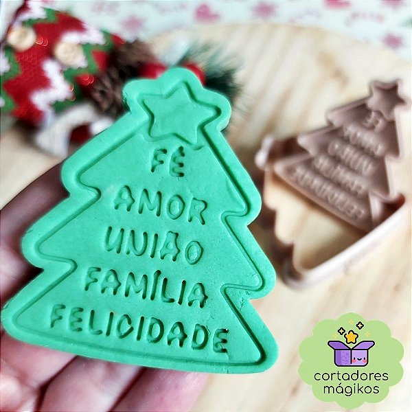 Cortador e Carimbo de Natal Árvore com textos - com puxador incluso e bordas finas e reforçado