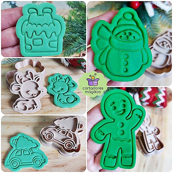 Kit Cortadores de Biscoitos de Natal carimbo Boneco de Neve, Ginger, Rena, Chaminé, Fusca com Arvore