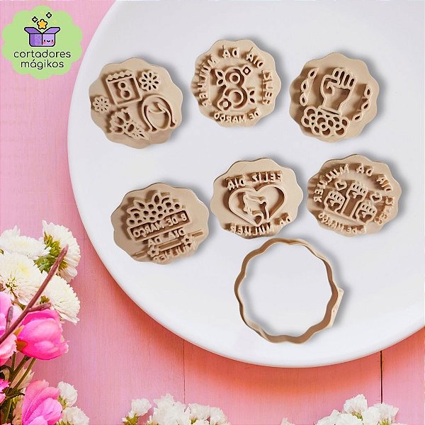 Kit com 6 cortadores e carimbos Dia da Mulher 8 de Março para biscoitos ou artesanato