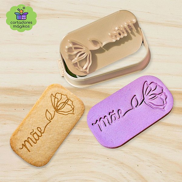 Carimbo + Cortador Dia das Mães palavra "Mãe" com flor - para biscoitos ou artesanato
