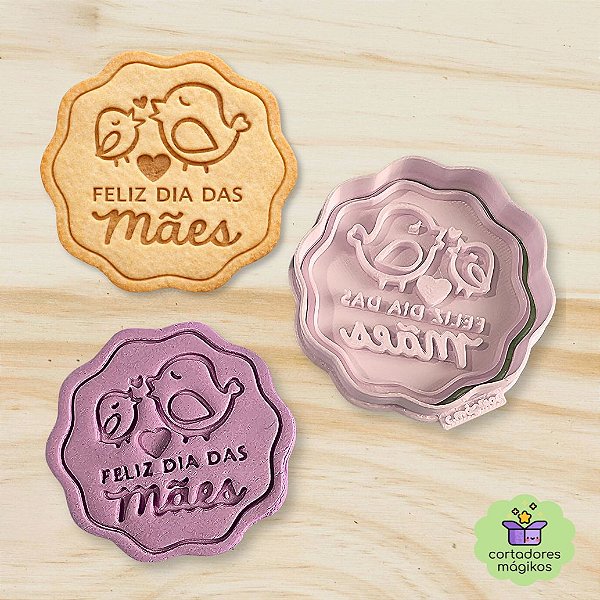 Carimbo + Cortador Feliz Dia das Mães Passarinhos para biscoitos ou artesanato