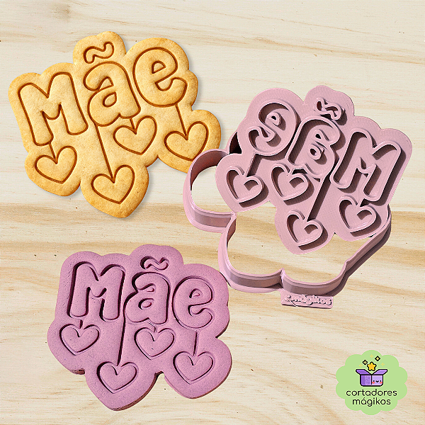 Carimbo + Cortador Dia das Mães texto "MÃE" com corações para biscoitos ou artesanato
