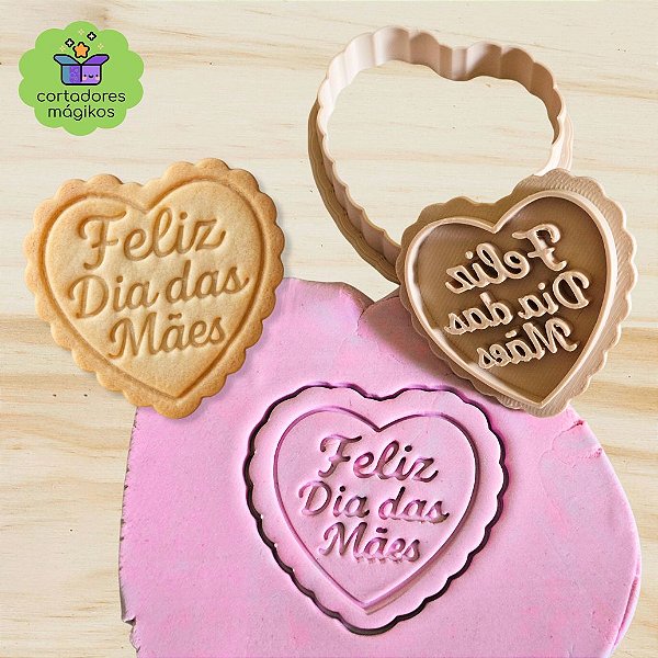 Carimbo + Cortador Feliz Dia das Mães coração rendado para biscoitos ou artesanato
