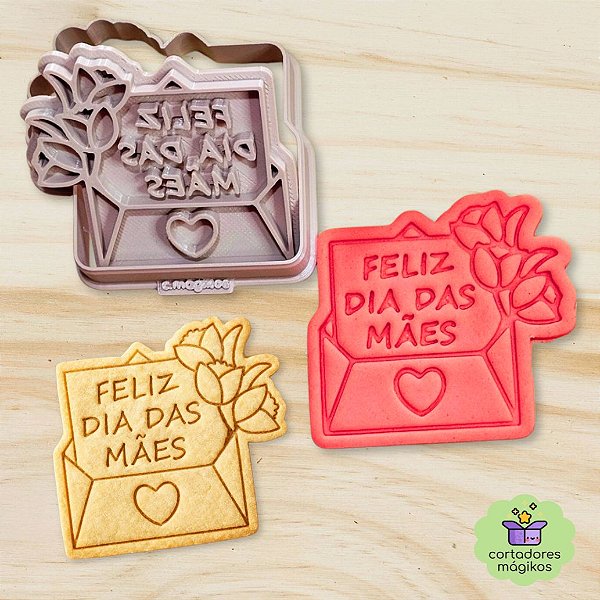 Carimbo + Cortador Feliz Dia das Mães envelope com flores para biscoitos ou artesanato