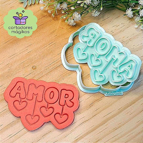 Carimbo + Cortador Dia dos Namorados AMOR com corações para biscoitos ou artesanato
