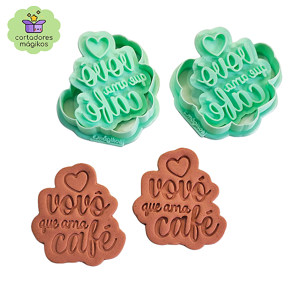 Kit com 2 carimbos marcadores e Cortadores Dia dos Avós biscoitos artesanato "... ama café"