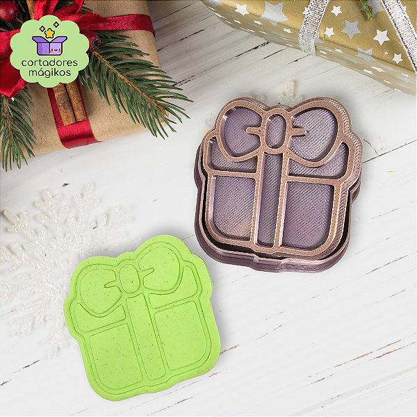 Cortador e Carimbo para biscoitos Caixa de Presente de Natal - com puxador incluso e bordas finas