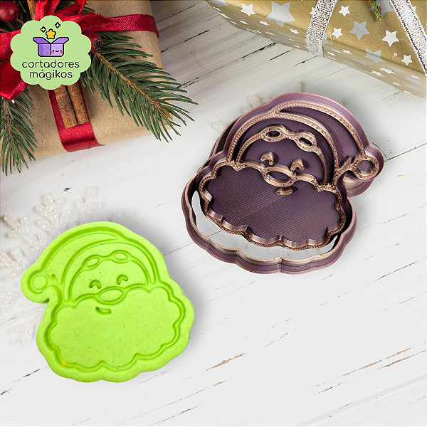Cortador e Carimbo para biscoitos Natal Papai Noel carinha - com puxador incluso e bordas finas