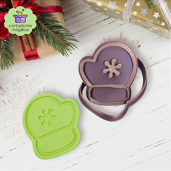 Cortador e Carimbo para biscoitos luva de Natal - com puxador incluso e bordas finas