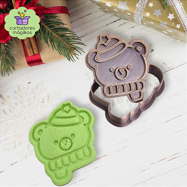 Cortador e Carimbo para biscoitos ursinho de Natal - com puxador incluso e bordas finas
