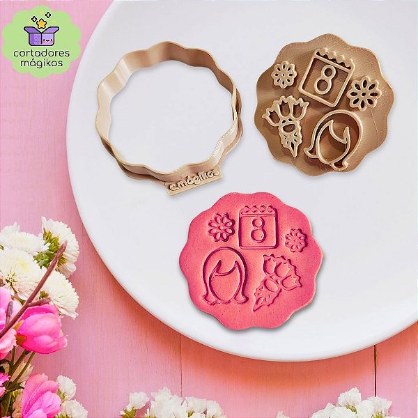 Cortador de biscoitos para o Dia da Mulher 8 de Março flor, calendário - com puxador reforçado