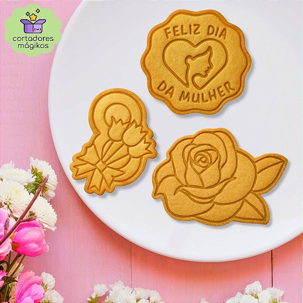Kit 3 Cortadores e Carimbos Dia da Mulher para Biscoitos ou Artesanato