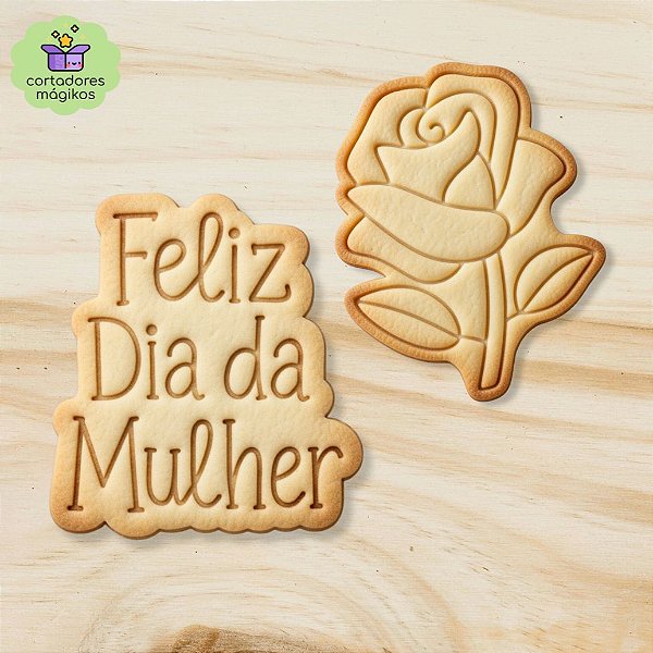 Kit com 2 cortadores e carimbos Dia da Mulher 8 de Março