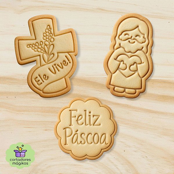 Kit com 3 cortadores e carimbos Páscoa Coelho Cenoura Feliz Páscoa para biscoitos ou artesanato