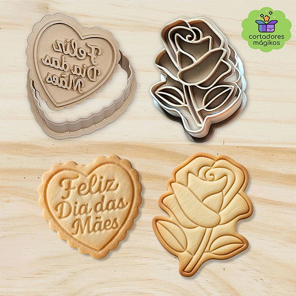 Kit 2 Cortadores + Carimbos Feliz Dia Das Mães e Rosa com puxador incluso para biscoitos/massa fria