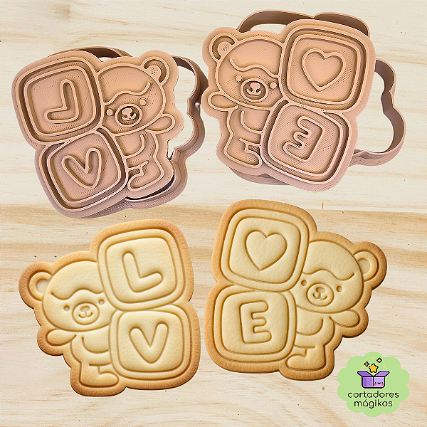 Kit 2 Carimbos e Cortadores dia Dos Namorados Ursinhos Amor Biscoitos Ceramica Moldes