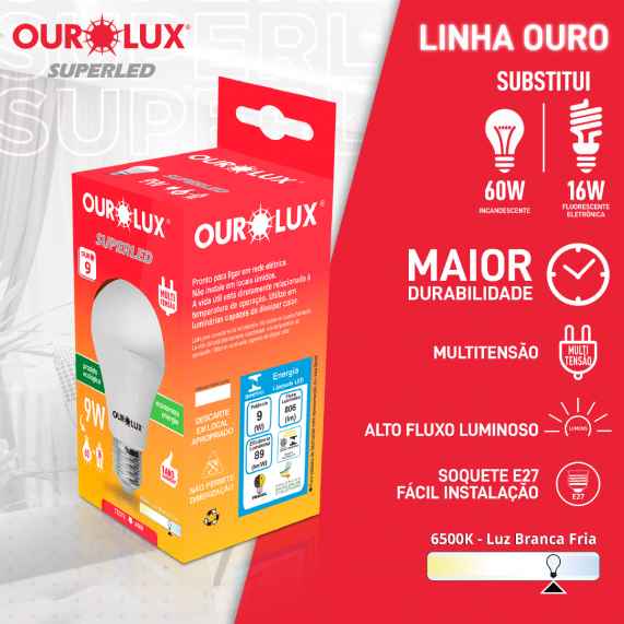 Lâmpada Led 9W Branco Frio 6500K Bivolt OUROLUX