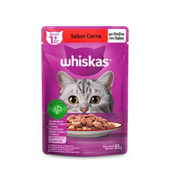 Ração Úmida Whiskas Sachê Carne ao Molho para Gatos Adultos, 85g