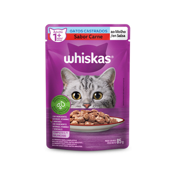Ração Úmida Whiskas Sachê Carne ao Molho para Gatos Castrados, 85g