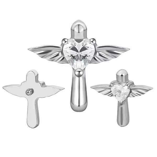 Labret Cruz com Asas e Coração Cravejado