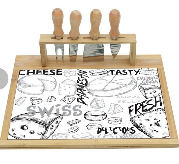 Kit Tábua Queijo Design Bambu E Cerâmica 5 Peças 33x26,5cm - Lyor