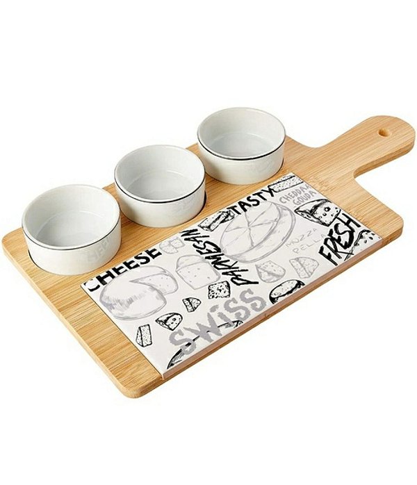 Kit 4 peças p/ queijo e petiscos de bambu e cerâmica 35x18 - Lyor