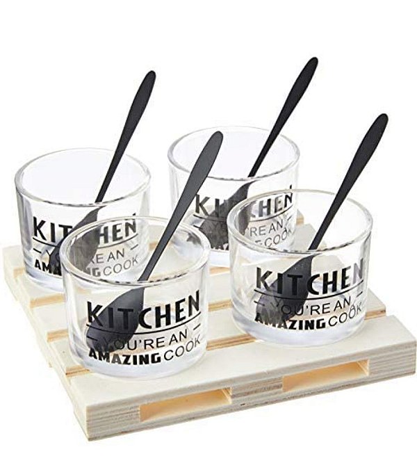 Conj. bandeja de plástico c/4 molheiras de vidro e 4 colheres de aço inox 16x16- Lyor