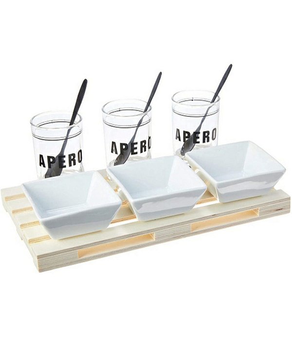 Conj. bandeja de madeira c/3 molheiras de vidro 3 molheiras cerâmica 3 colheres aço inox 28x15 - Lyor