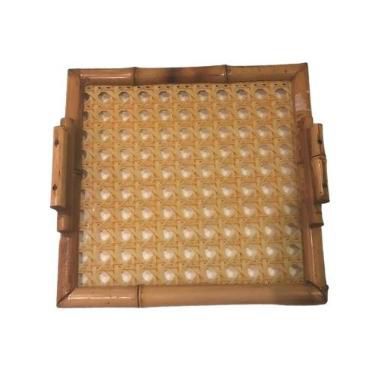 Bandeja de Bambu Natural c/ Vidro e Alça 23x23cm
