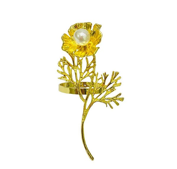Cj 4 Anéis p/ Guardanapos Zinco Botão de Flor Dourada