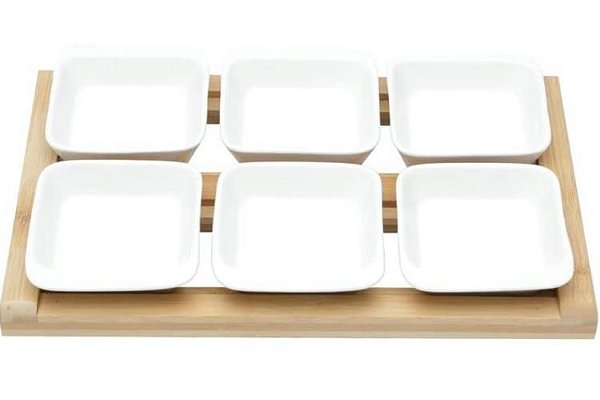 Cj 6 Petisqueiras de Porcela c/ Tábua de Bambu 31x20x5,4cm - Bon Gourmet