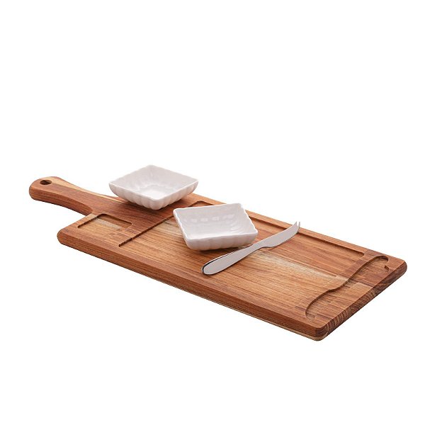Tábua de Madeira Teca c/ Faca e 2 Petisqueiras 48x19x5cm