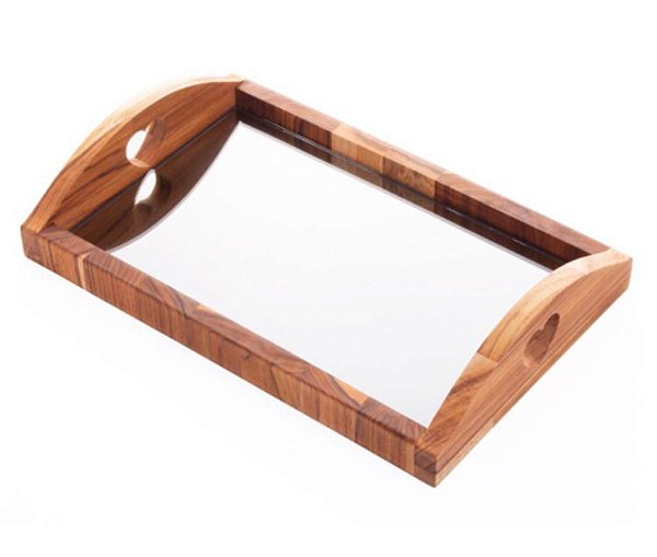 Bandeja Madeira Teca c/ Espelho Coração Black - Woodart